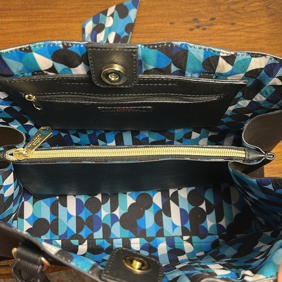TRINA TURK BLACK VEGAN SHOULDER BAG BLUE BLACK DOT INTERIOR WITH BAG SCARF - Picture 5 of 16